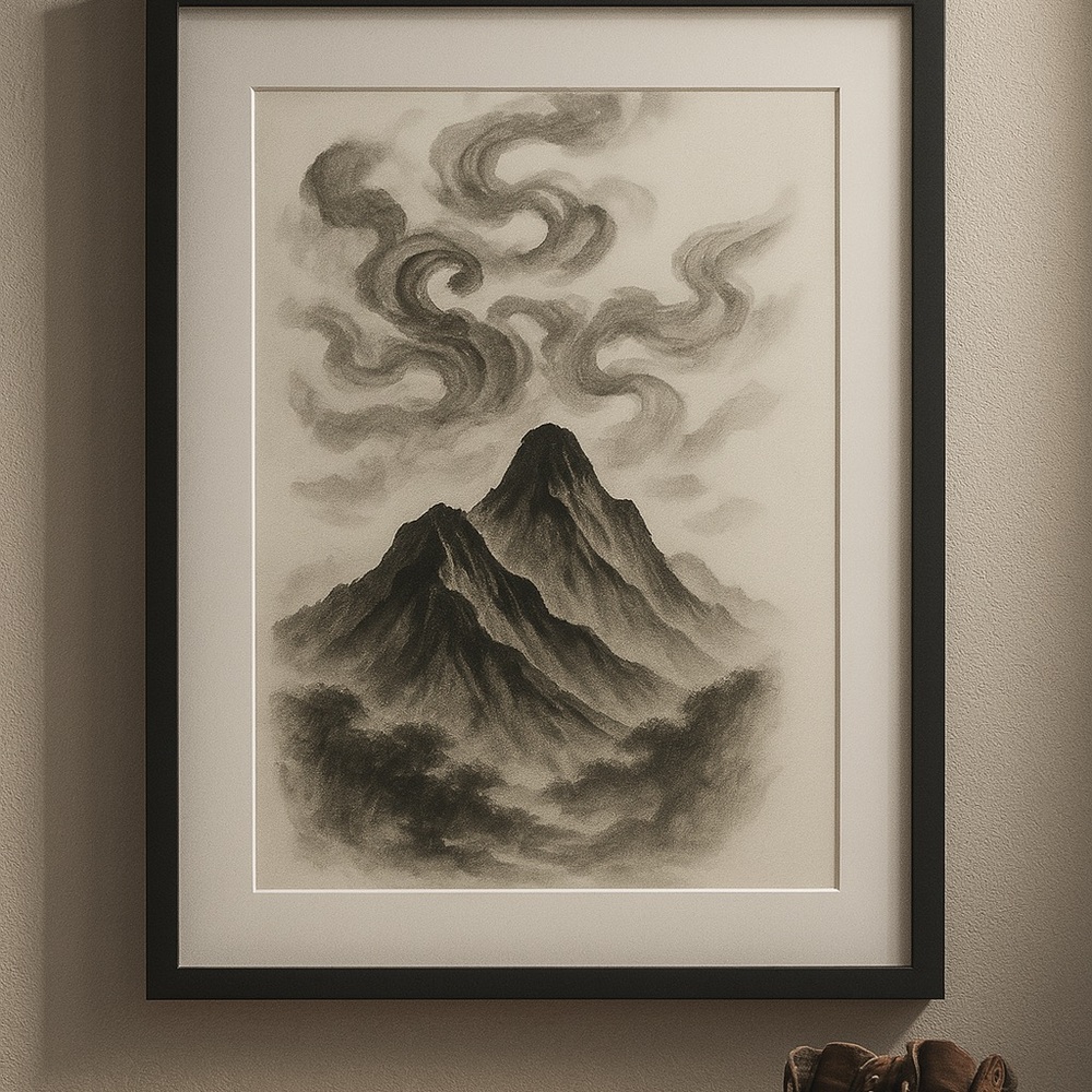 Zen Ink Wash Mountain Framed Wall Art 16x20 Minimal